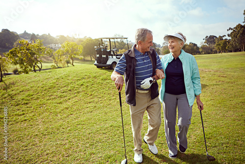 Golf, smile and walking with senior couple outdoor on course together for leisure activity. Grass, mockup space and retirement with happy old people playing sports for bonding or recreation in summer photo