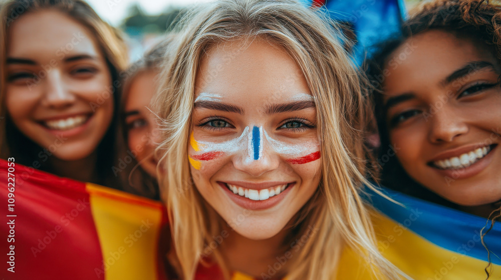 Fototapeta premium Young women with face paint celebrating at outdoor festival, smiling joyfully, in colorful surroundings