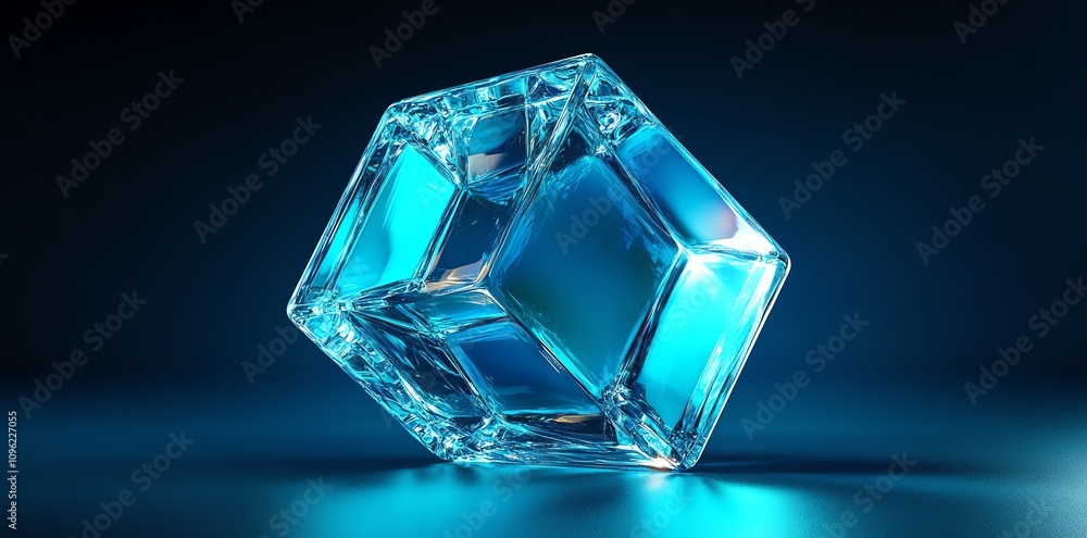 A crystal-like geometric shape illuminated with blue light, showcasing transparency and reflection. A crystal-like geometric shape illuminated with blue light, showcasing transparency and reflection.