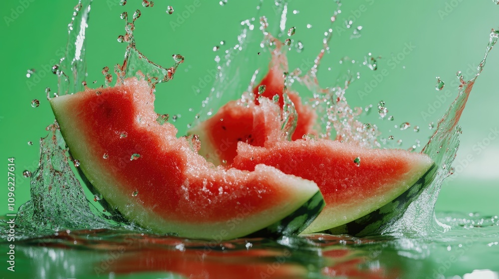 Vibrant watermelon slices creating a dynamic splash on a vivid green background, highlighting freshness and summer vibes. Vibrant watermelon slices creating a dynamic splash on a vivid green background, highlighting freshness and summer vibes.