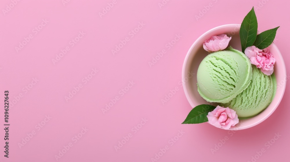 Green ice cream in a bowl with flowers and leaves. Green ice cream in a bowl with flowers and leaves.