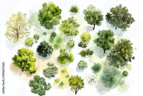 watercolor illustration of diverse trees and shrubs for landscape planning aerial view with soft organic shapes and varied shades of green isolated on white background  photo