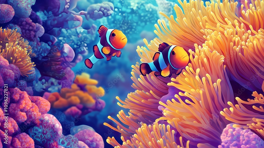 Fototapeta premium Vibrant Coral Reef with Clownfish Among Colorful Anemones in a Lively Underwater Scene Featuring Rich Marine Biodiversity and Bright Ocean Life