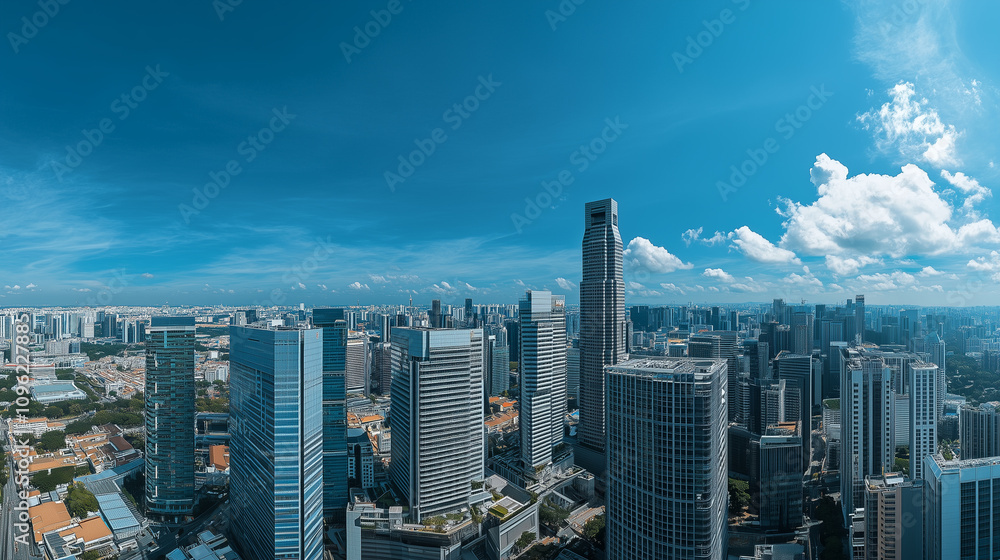 Fototapeta premium Modern Skyline with High-Rise Office Buildings under Blue Sky