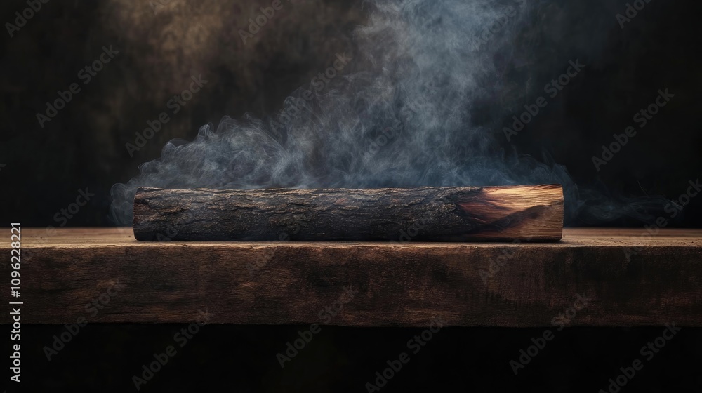 Burning log resting on a rustic wooden table amidst wisps of smoke against a dark wall backdrop, capturing a serene and atmospheric moment in high-quality detail. Burning log resting on a rustic wooden table amidst wisps of smoke against a dark wall backdrop, capturing a serene and atmospheric moment in high-quality detail.