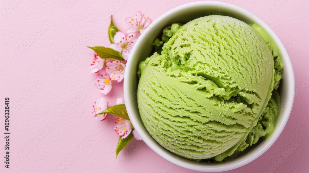 Fototapeta premium Green ice cream in a bowl with pink background.