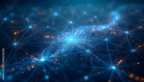 A blue and orange network composed of interconnected nodes and lines, a digital landscape of global communication or data networks.