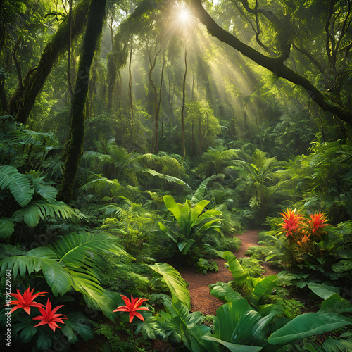 Tropical forest in the jungle with flowers and trees