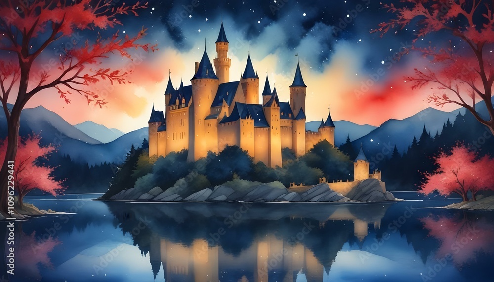 Obraz premium Ancient castle glowing under starry night sky with warm lights from windows and shimmering lake