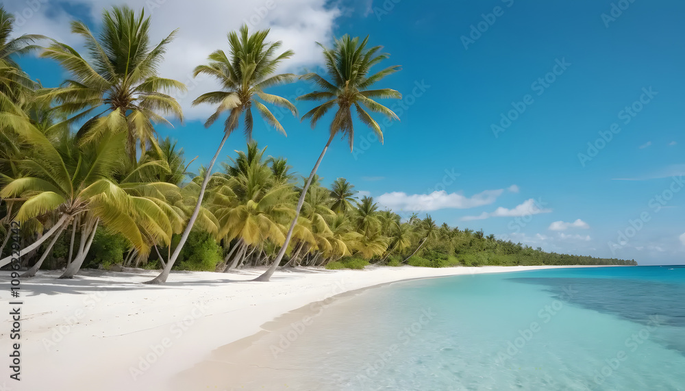 Fototapeta premium Secluded Beach pristine white sandy beach with crystal-clear turquoise water Rows of palm trees swaying gently in the breeze. peaceful atmosphere perfect for advertisements