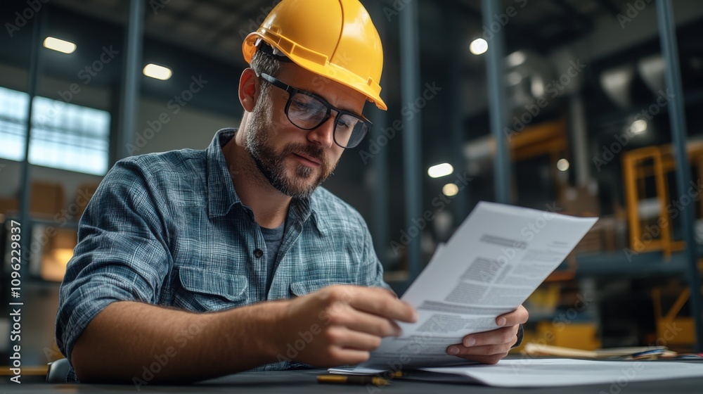 Concentrated Male Engineer in Yellow Hard Hat Reviewing Documents in Industrial Warehouse with Equipment and Shelving in Background Concentrated Male Engineer in Yellow Hard Hat Reviewing Documents in Industrial Warehouse with Equipment and Shelving in Background