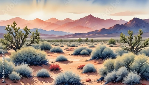 Watercolor painting serene desert landscape golden hour with soft light sagebrush distant mountains