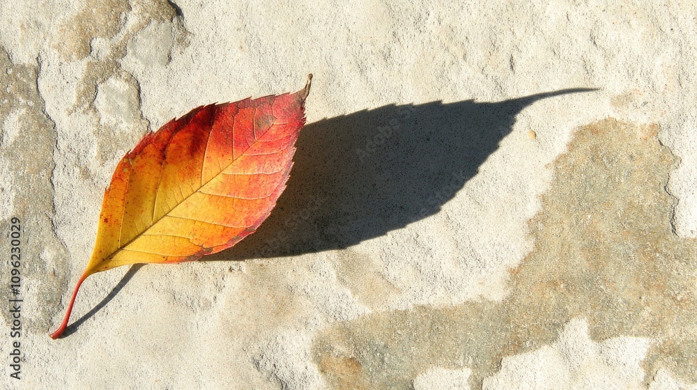 A vibrant autumn leaf with shades of red and orange rests on a textured surface, casting a distinct shadow that highlights its delicate shape and seasonal beauty. A vibrant autumn leaf with shades of red and orange rests on a textured surface, casting a distinct shadow that highlights its delicate shape and seasonal beauty.
