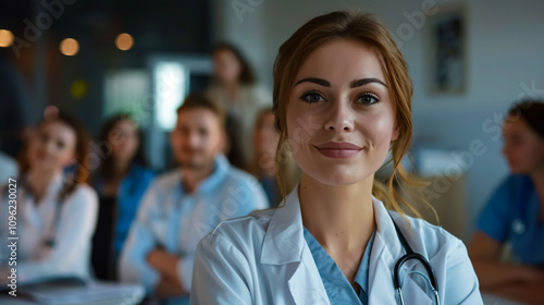 A beautiful young female doctor smiles at the camera while her colleagues sit in the background, reflecting a positive medical environment.