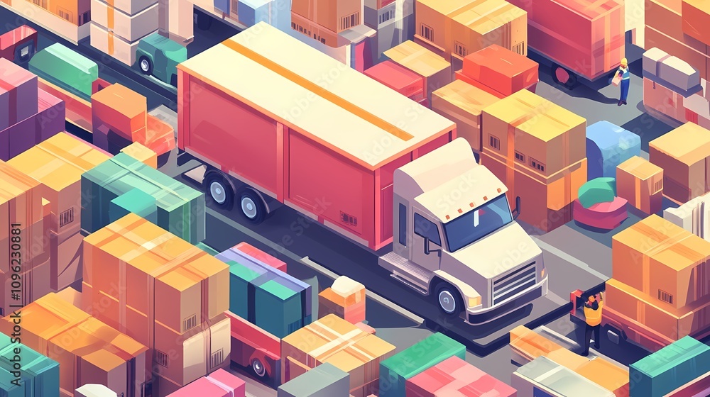 Colorful Illustration of Freight Truck Surrounded by Shipping Containers and Boxes in a Busy Warehouse Environment with Workers Organizing Cargo Colorful Illustration of Freight Truck Surrounded by Shipping Containers and Boxes in a Busy Warehouse Environment with Workers Organizing Cargo