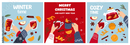 Merry Christmas greeting cards set. Group of people drinking winter drinks. People celebrate Christmas and New Year together. Hands hold cups of mulled wine. 