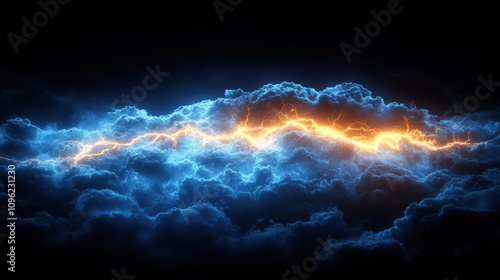 Clash of Elements:  Fiery Orange and Electric Blue Lightning Storm Across a Dark Sky