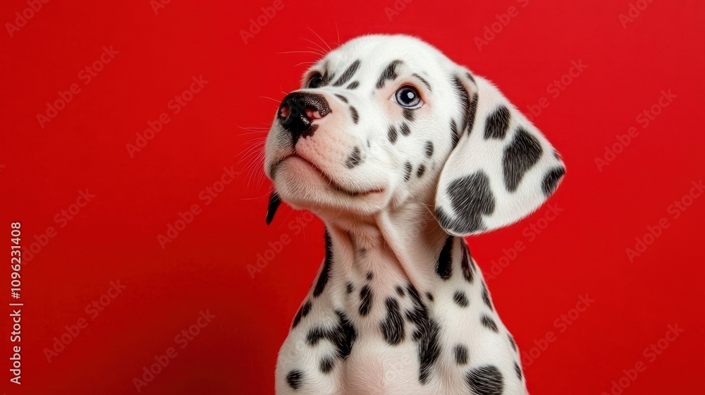 Adorable Dalmatian Puppy Against Vibrant Red Background Adorable Dalmatian Puppy Against Vibrant Red Background