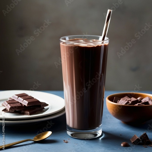 a tall glass of rich, creamy chocolate milk, reminiscent of the one shown in the image. Write about the memories and emotions that this drink invokes for you. What does chocolate milk mean to you—perh photo