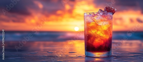 Sunset Cocktail on Beach: Tropical Summer Drink at Golden Hour