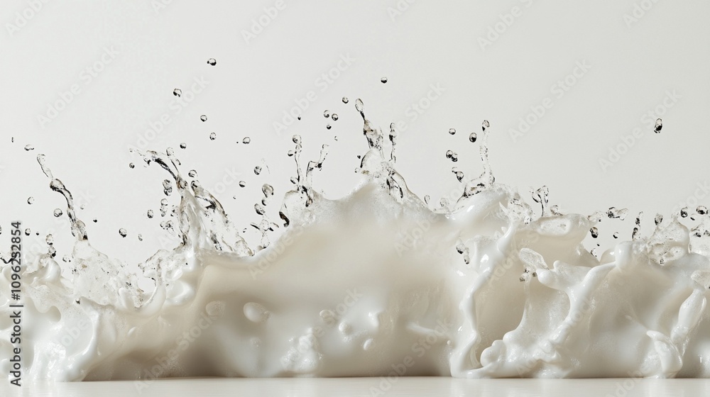 Creamy white liquid splashing and forming dynamic waves with airborne droplets, captured in high-speed photography against a light background. Creamy white liquid splashing and forming dynamic waves with airborne droplets, captured in high-speed photography against a light background.