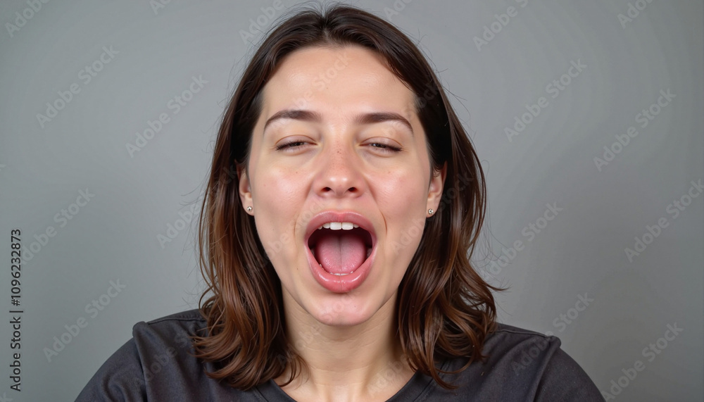 Yawning woman in casual gray shirt against plain background. Yawning woman in casual gray shirt against plain background.