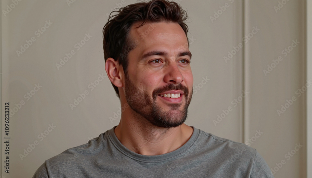 Fototapeta premium Smiling man in gray shirt with soft natural light.
