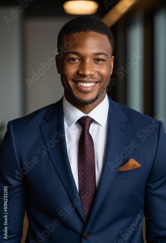 Young professional man, smiling confidently, wearing a tailored navy blue suit, white dress shirt, maroon textured tie, pocket square, modern office background, warm ambient lighting, sharp focus, hig