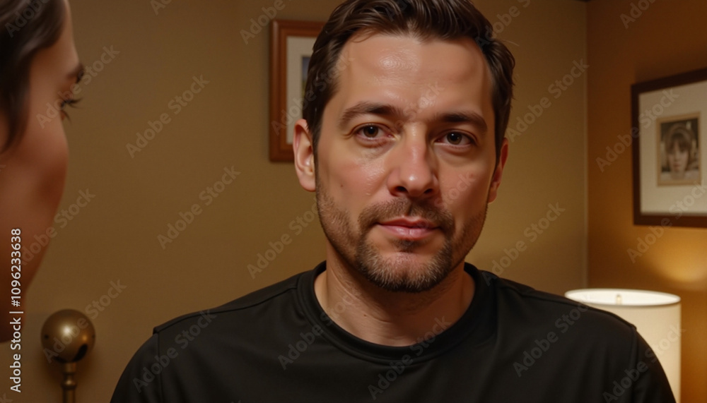 Fototapeta premium Serious man indoors in warm lighting.