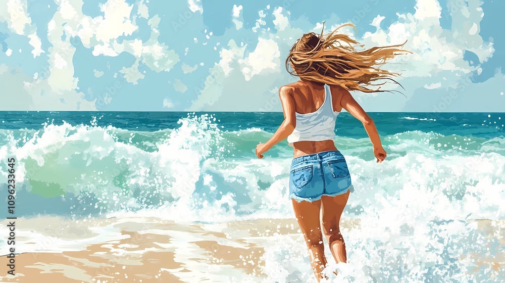 Naklejka premium A young woman joyfully running into the ocean waves on a sunny day, enjoying the fresh sea breeze and warmth at the beach, creating a sense of freedom and adventure.