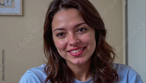 Smiling woman in casual blue shirt indoors at home.