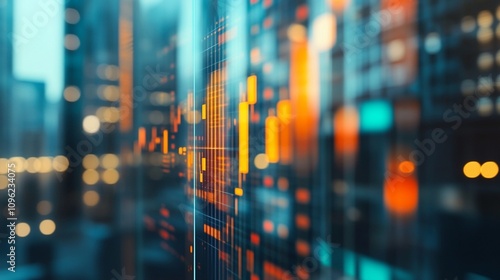 Digital financial graph overlaid on blurred cityscape background, illustrating stock market trends and urban economic dynamics in vibrant blue and orange hues.