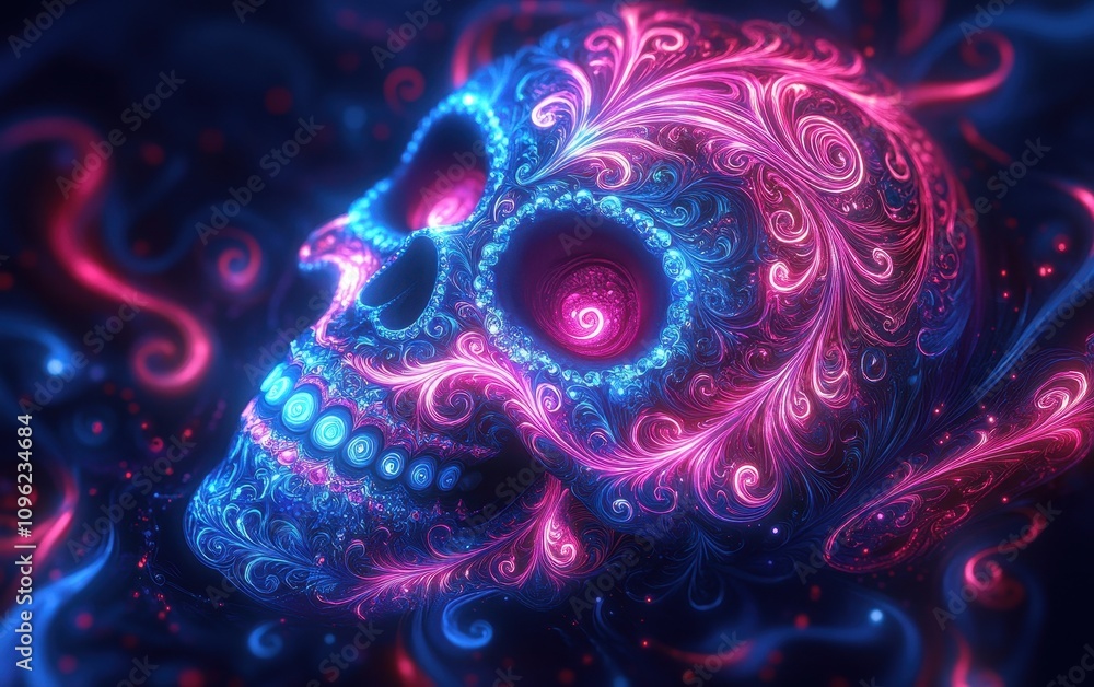 Neon Skull: A Psychedelic Digital Art Masterpiece of Vibrant Pink and Blue Hues, Intricate Floral Designs, and Glowing Fractal Patterns Neon Skull: A Psychedelic Digital Art Masterpiece of Vibrant Pink and Blue Hues, Intricate Floral Designs, and Glowing Fractal Patterns