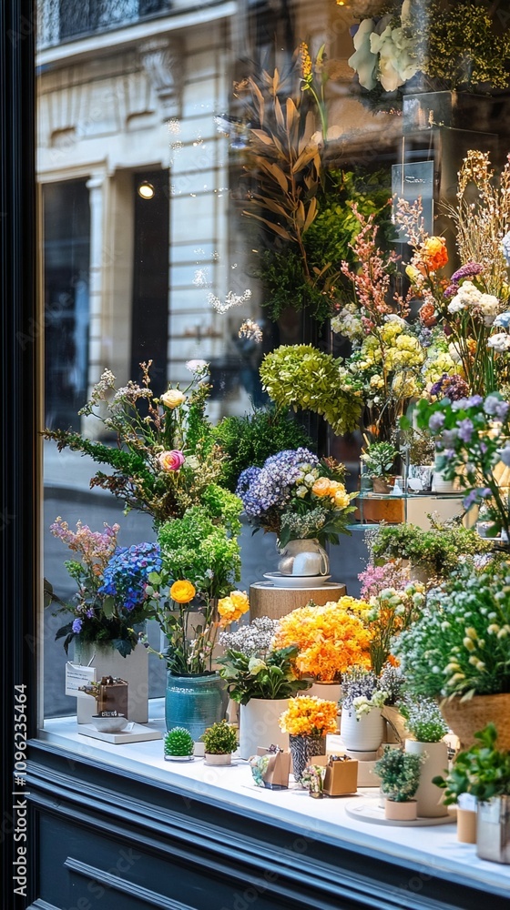 Charming floral display in a Parisian florist's window, brimming with colorful blooms and potted plants, reflecting the elegant architecture of the street outside. Charming floral display in a Parisian florist's window, brimming with colorful blooms and potted plants, reflecting the elegant architecture of the street outside.