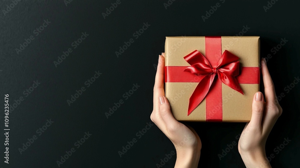 Beautifully Wrapped Gift Box with Red Ribbon Held in Hands Against a Dark Background, Perfect for Celebrations and Special Occasions Beautifully Wrapped Gift Box with Red Ribbon Held in Hands Against a Dark Background, Perfect for Celebrations and Special Occasions