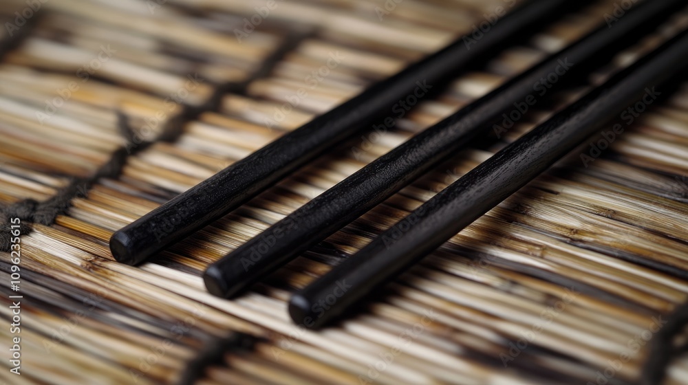 Elegant black wooden chopsticks neatly aligned on a textured bamboo mat, showcasing their smooth finish and minimalist aesthetic against the natural fibers of the mat. Elegant black wooden chopsticks neatly aligned on a textured bamboo mat, showcasing their smooth finish and minimalist aesthetic against the natural fibers of the mat.