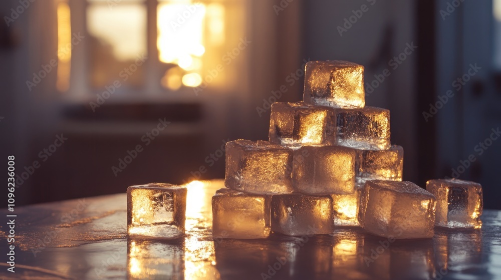 A tower of translucent ice cubes arranged artistically on a table, illuminated by warm sunlight, creating a captivating glow and reflection in a cozy indoor setting. A tower of translucent ice cubes arranged artistically on a table, illuminated by warm sunlight, creating a captivating glow and reflection in a cozy indoor setting.