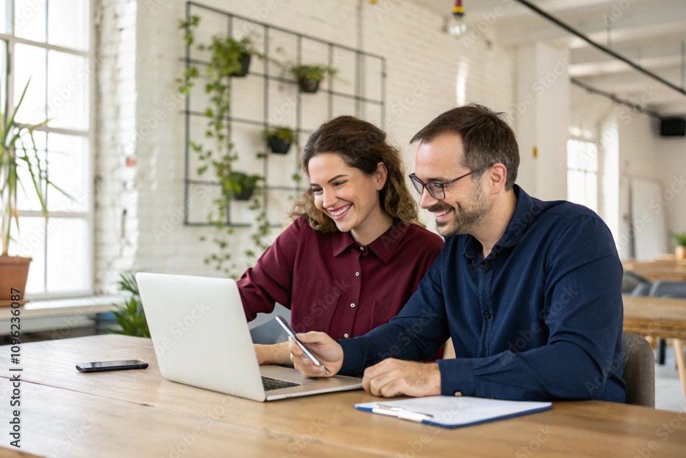 Business team of two executives working together using laptop in office. Happy young business woman manager showing project presentation to mature man client, investor or partner at work meeting Business team of two executives working together using laptop in office. Happy young business woman manager showing project presentation to mature man client, investor or partner at work meeting