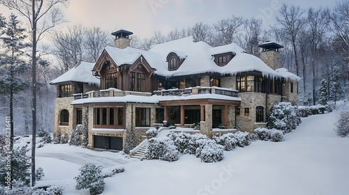 Luxury home covered in snow for dream winter retreat photo