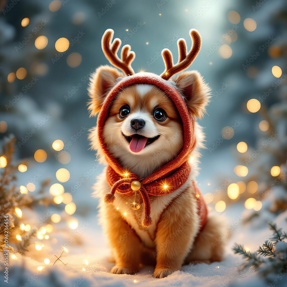 A reindeer dog, bathed in Christmas lights, a charming winter scene. A reindeer dog, bathed in Christmas lights, a charming winter scene.