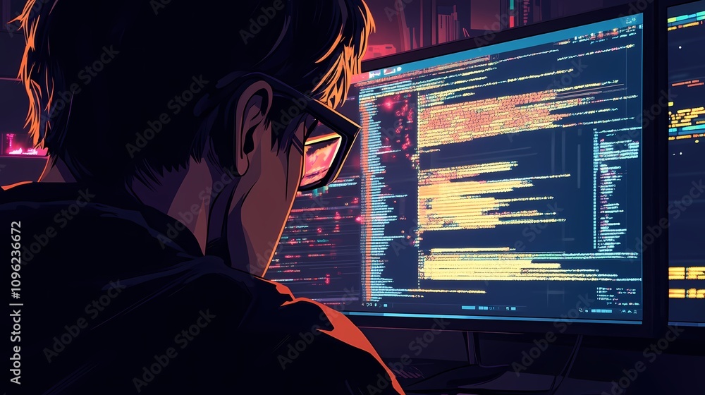 A Software Developer Working Late at Night Surrounded by Colorful Code on Multiple Monitors in a Dark, Futuristic Workspace A Software Developer Working Late at Night Surrounded by Colorful Code on Multiple Monitors in a Dark, Futuristic Workspace