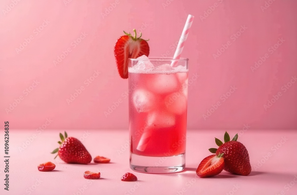pink coctail with ice and strawberries on pink background pink coctail with ice and strawberries on pink background