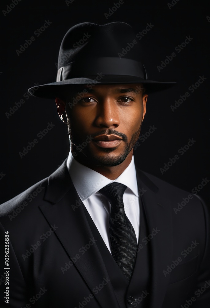 Very realistic photorealistic hyperdetailed head and shoulders portrait cover with a dapper, self-assured man wearing a black suit and hat on a dark background. Very realistic photorealistic hyperdetailed head and shoulders portrait cover with a dapper, self-assured man wearing a black suit and hat on a dark background.