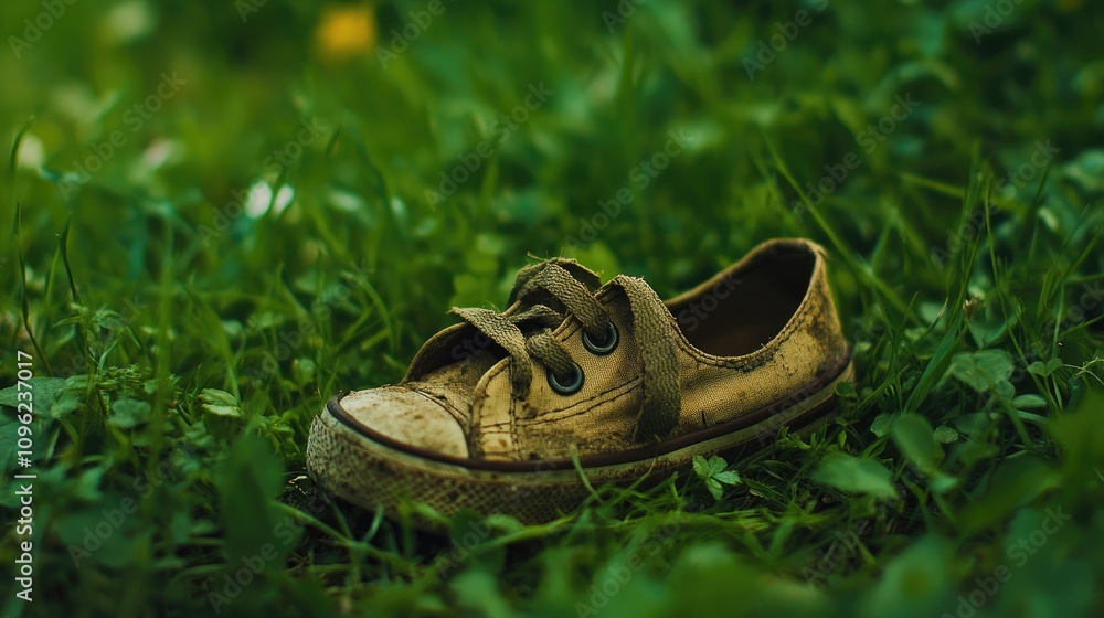 Naklejka premium A small, worn-out shoe lies on lush green grass, symbolizing the neglect and forgotten efforts of children amidst the vibrant landscape.