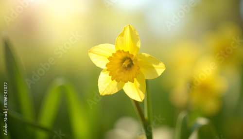 Beautiful close-up of a vibrant yellow daffodil in a sunlit garden