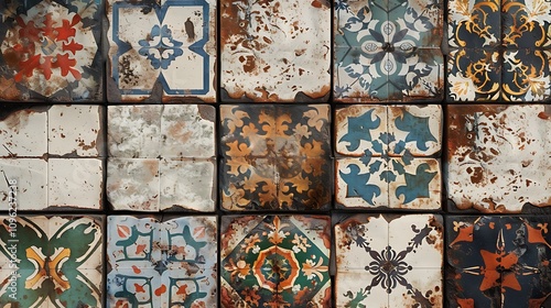 A collection of vintage ceramic tiles featuring intricate patterns and colors, showcasing artistic designs and textures.