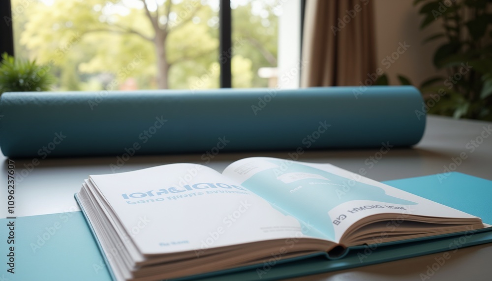 Open book on a blue yoga mat in a bright room with a view of trees for relaxation and mindfulness Open book on a blue yoga mat in a bright room with a view of trees for relaxation and mindfulness