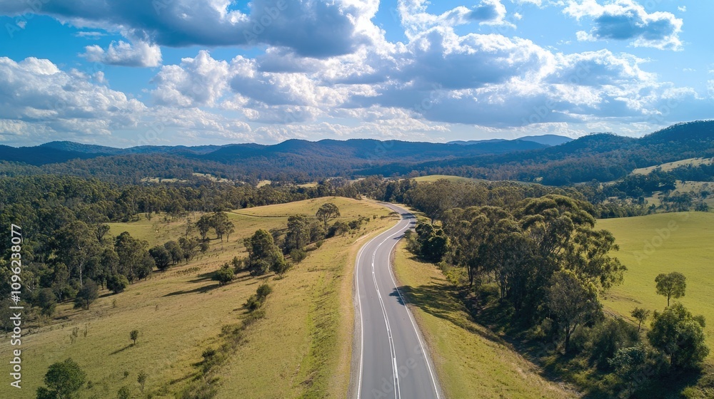 Aerial view of a winding rural road cutting through vibrant greenery and rolling hills under a bright blue sky adorned with fluffy clouds, showcasing a serene natural landscape. Aerial view of a winding rural road cutting through vibrant greenery and rolling hills under a bright blue sky adorned with fluffy clouds, showcasing a serene natural landscape.