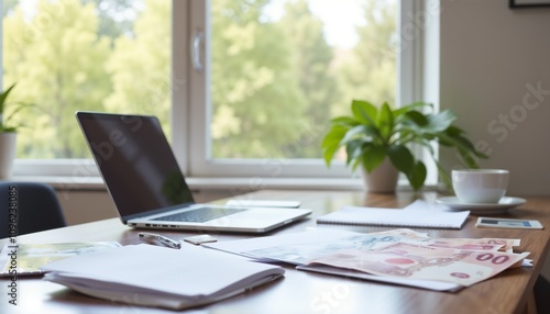 Workspace with laptop, notes, money, and plant by window in natural light 