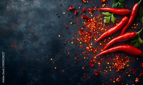 Fototapeta Naklejka Na Ścianę i Meble -  An image of fresh red chilies and chili flakes on a sleek background